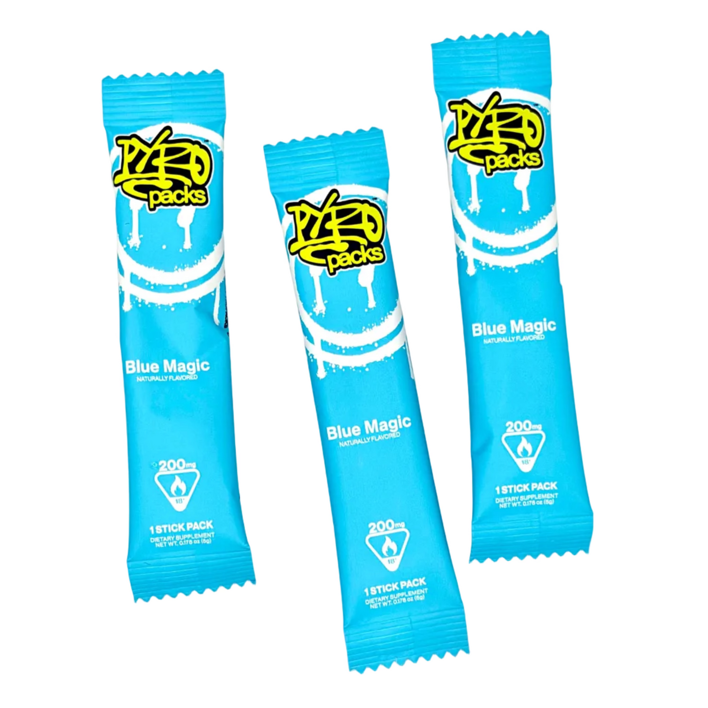 Three blue Pyro Packs stick packs of 'Blue Magic' arranged on a plain white background.